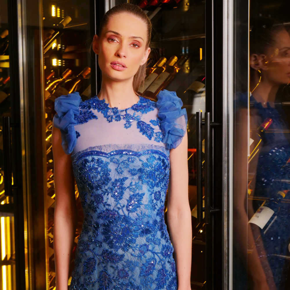 Blue short dress with embroidered lace and ruffled tulle shoulders