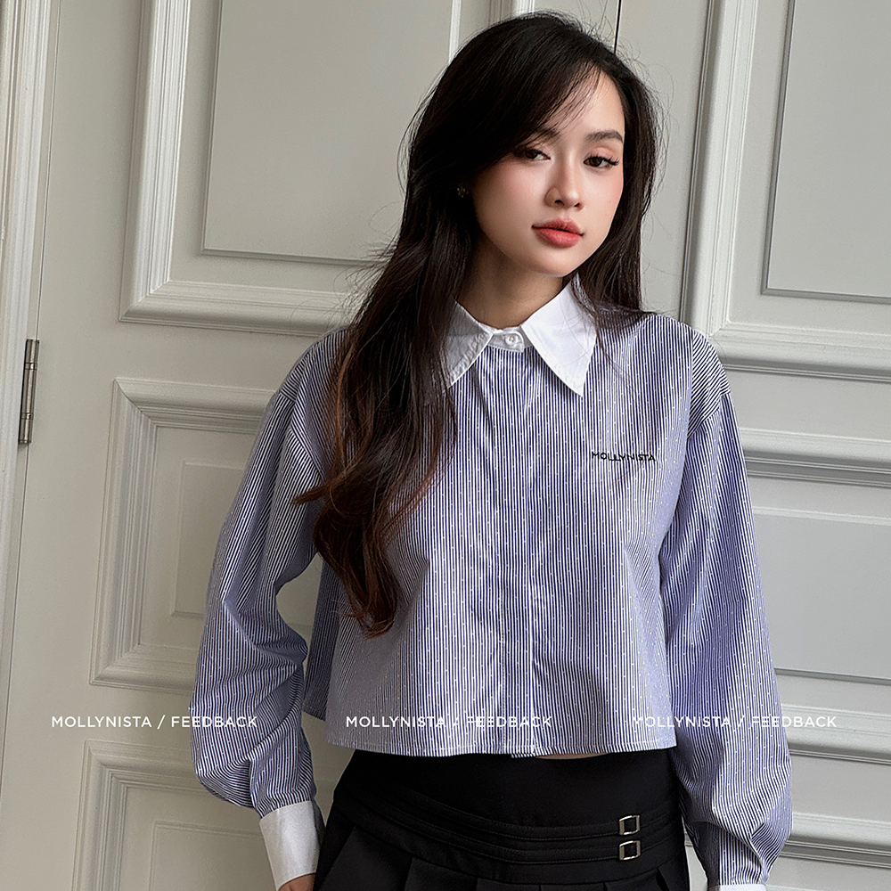 Explore Mollynista's Blue Striped Shirt with White Collar. Find women clothing at our clothes shop. Shop now at our shopping website. Shop now!