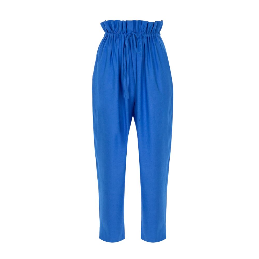 BLUE WAIST TIE-DETAILED LINEN PANTS 100% Linen