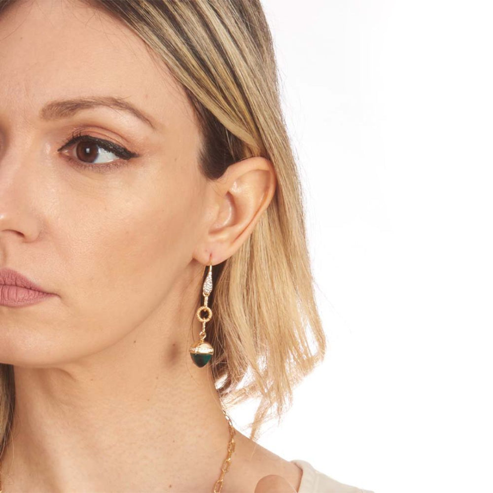Shop online premium gold plated hook dangler earrings with blue emerald pyramidal crystal and sparkling cubic zirconia accents for elegant styling.