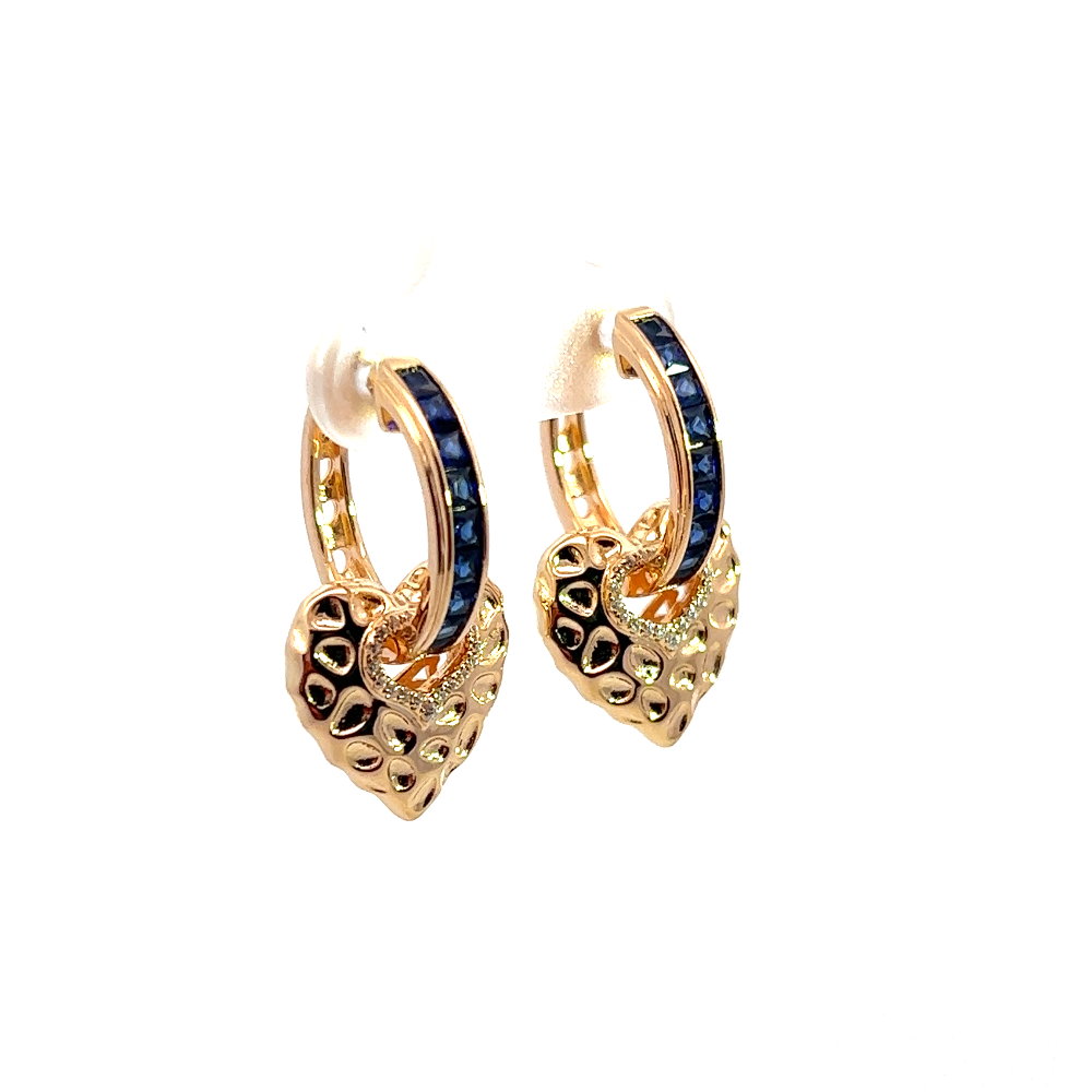 Shop online premium gold-dipped blue sapphire huggie earrings with heart-shaped drops.