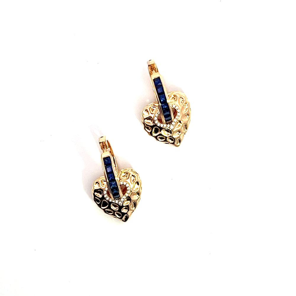 Shop online premium gold-dipped blue sapphire huggie earrings with heart-shaped drops.