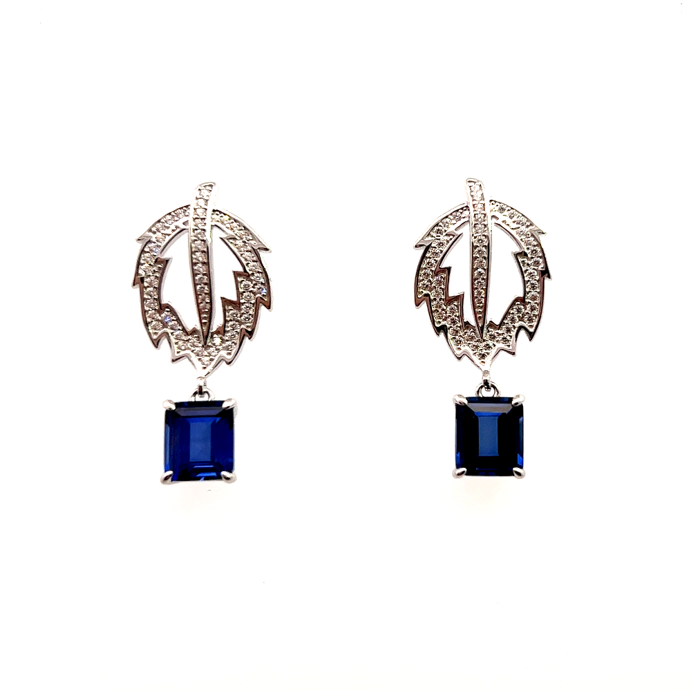 Shop online premium sterling silver blue sapphire leaf earrings with sparkling CZ stones.