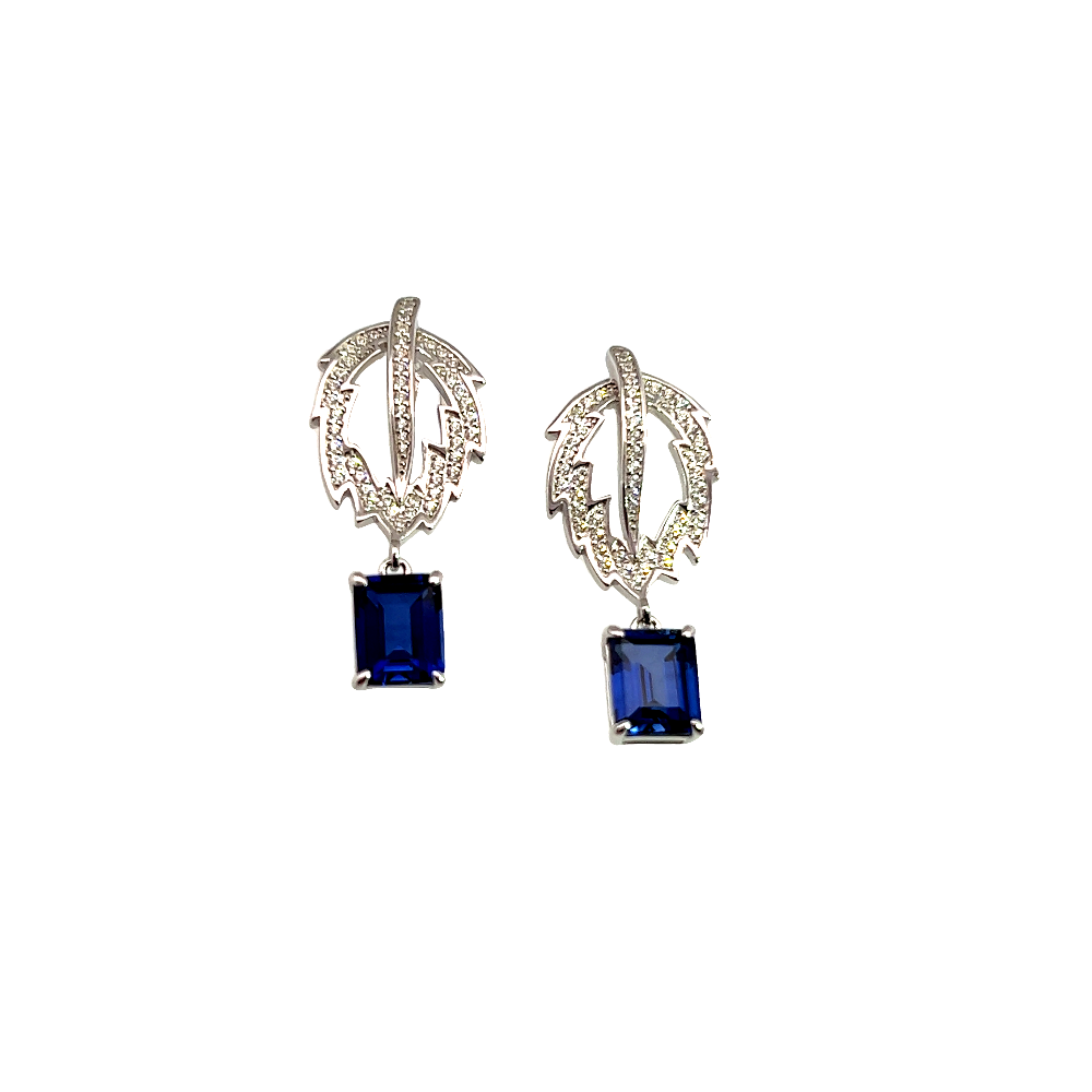 Shop online premium sterling silver blue sapphire leaf earrings with sparkling CZ stones.