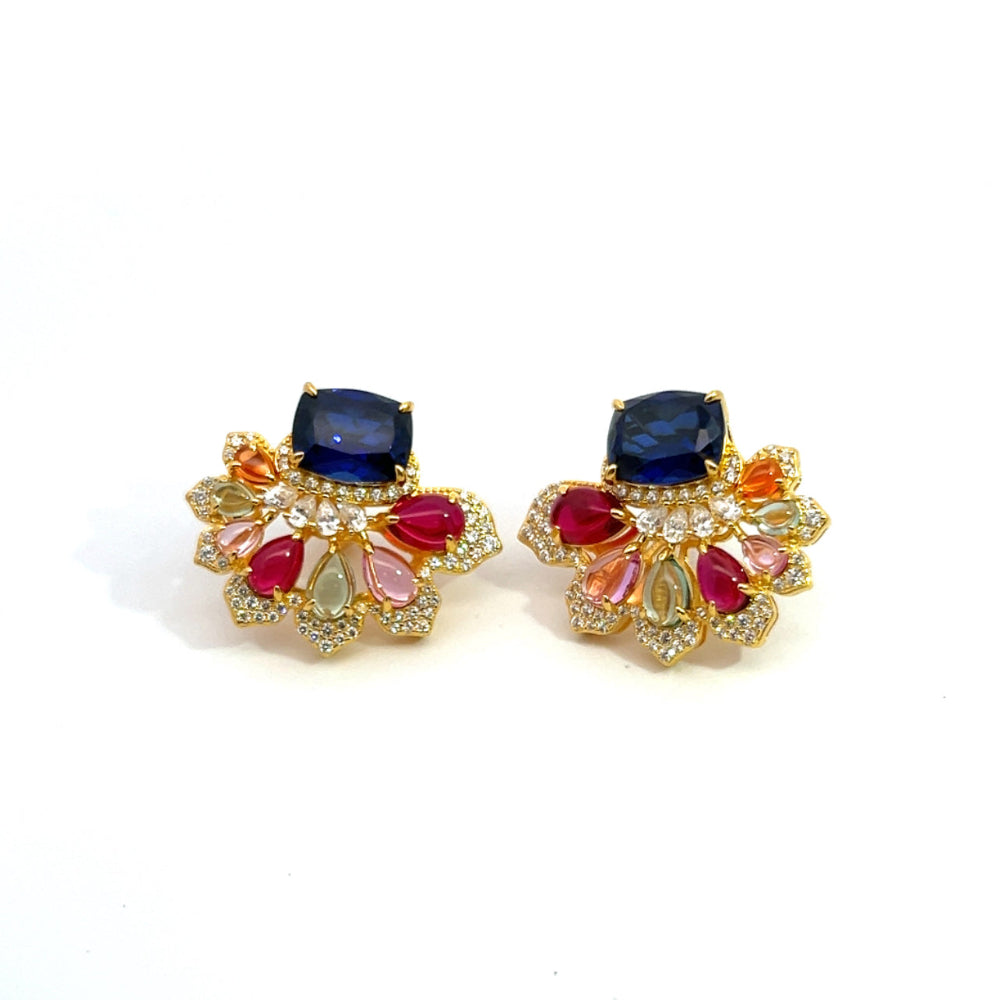 Shop online premium 18K gold multigem stud earrings with sapphire, ruby and CZ stones.