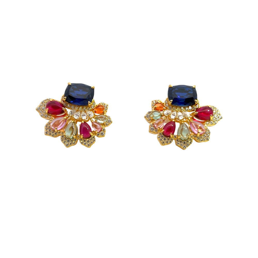 Shop online premium 18K gold multigem stud earrings with sapphire, ruby and CZ stones.