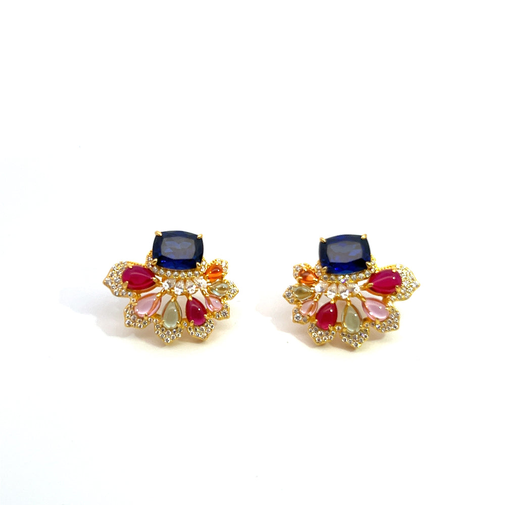 Shop online premium 18K gold multigem stud earrings with sapphire, ruby and CZ stones.