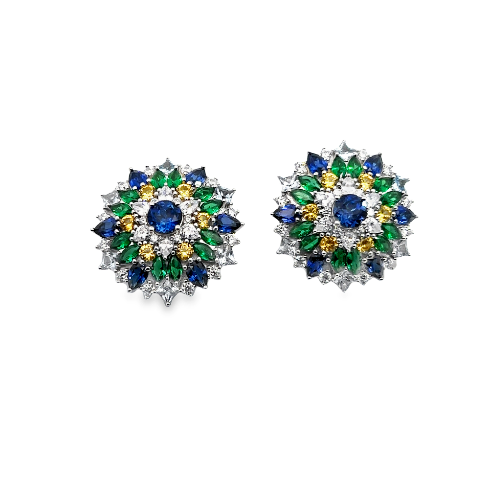 Shop online premium rhodium plated statement earrings with blue & yellow sapphire and sparkling CZ stones.
