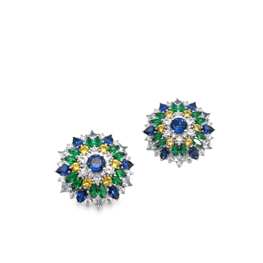 Shop online premium rhodium plated statement earrings with blue & yellow sapphire and sparkling CZ stones.