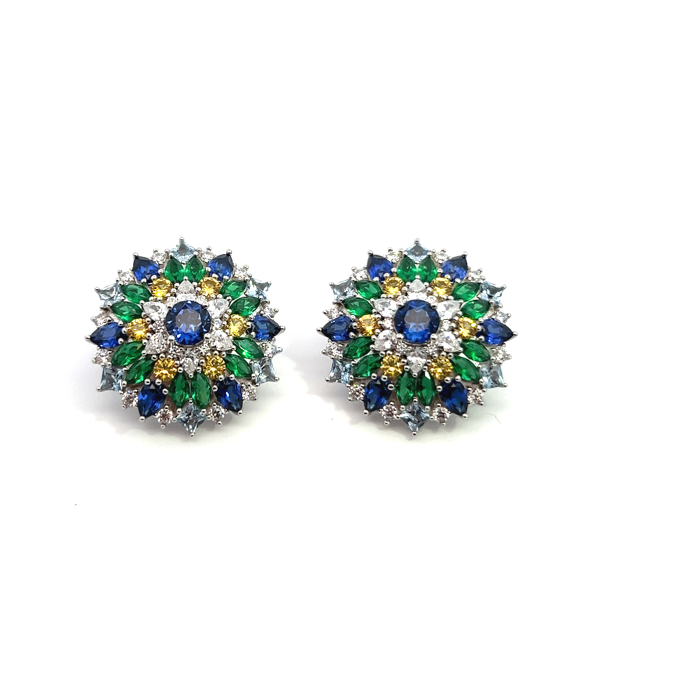Shop online premium rhodium plated statement earrings with blue & yellow sapphire and sparkling CZ stones.