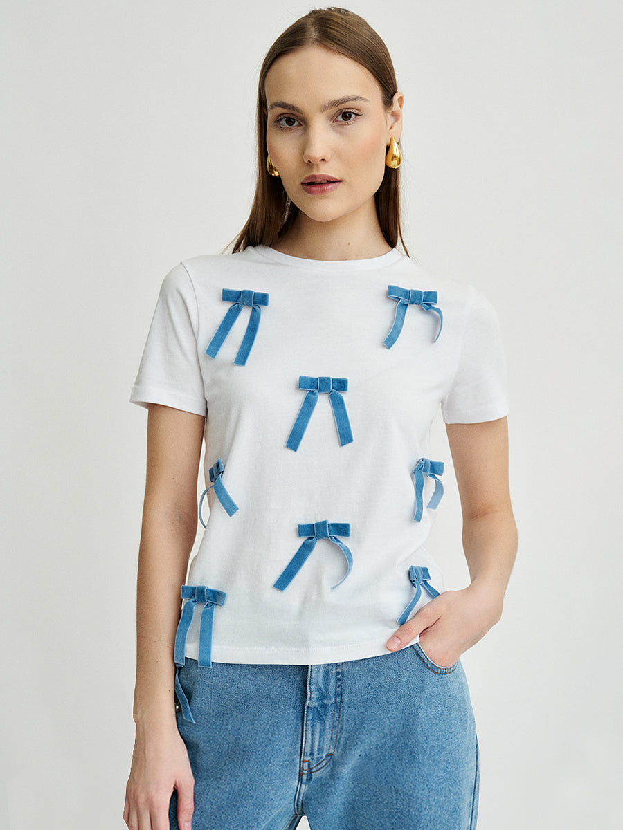 Women's White T-Shirt with Bows | Sustainable & Organic | Fanfare