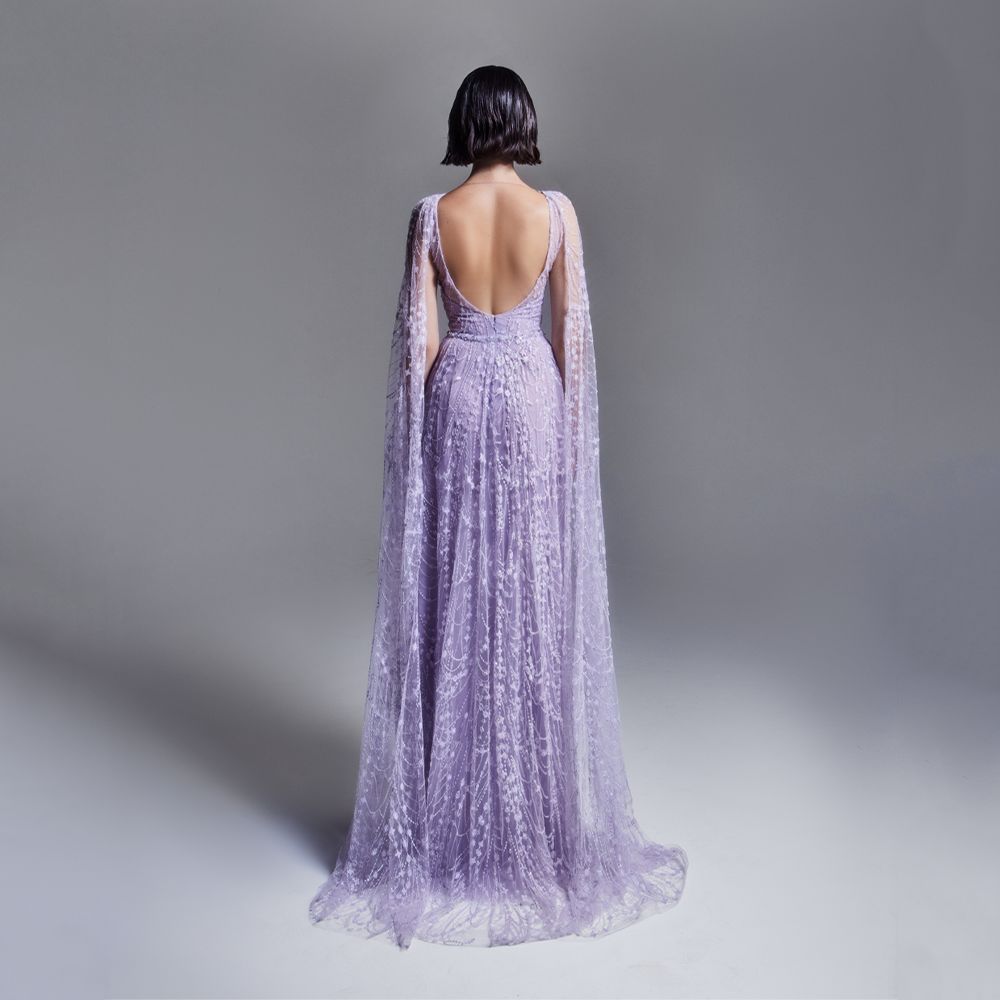 Boat neck flared “Lavender” tulle gown. Fully embellished in silk thread, crystals and sequins.