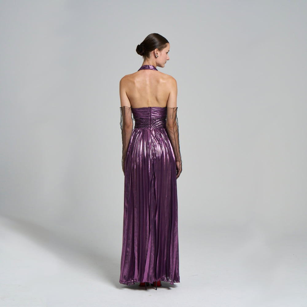 Maxi Evening Dress .Pleated .Lacquered shiny fabric .Cut-out detail .Stone mesh detail .Hand Mader .Low back .Slit 