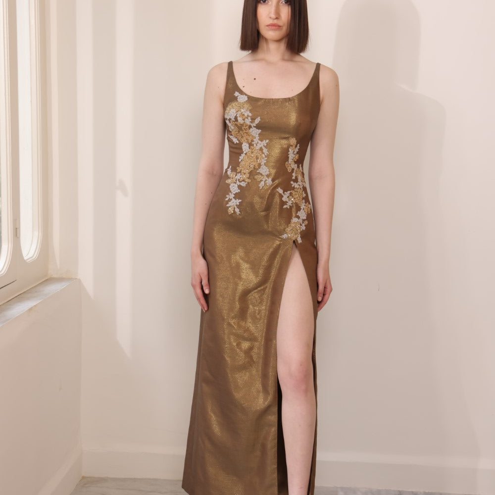 Bronze chantung long dress with colored lace
