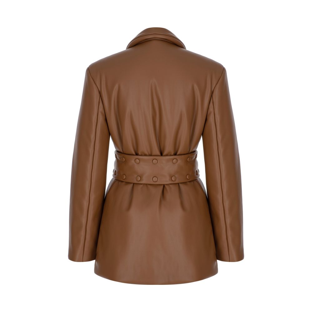 Brown Vegan-Leather Belt-Detailed Puffer Coat. 100% FAUX-LEATHER POLYESTER.