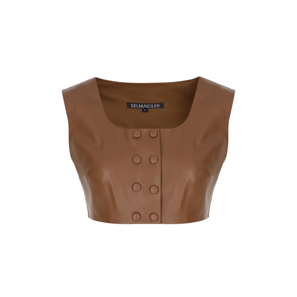 Brown Vegan-Leather Bustier. 100% FAUX-LEATHER POLYESTER.