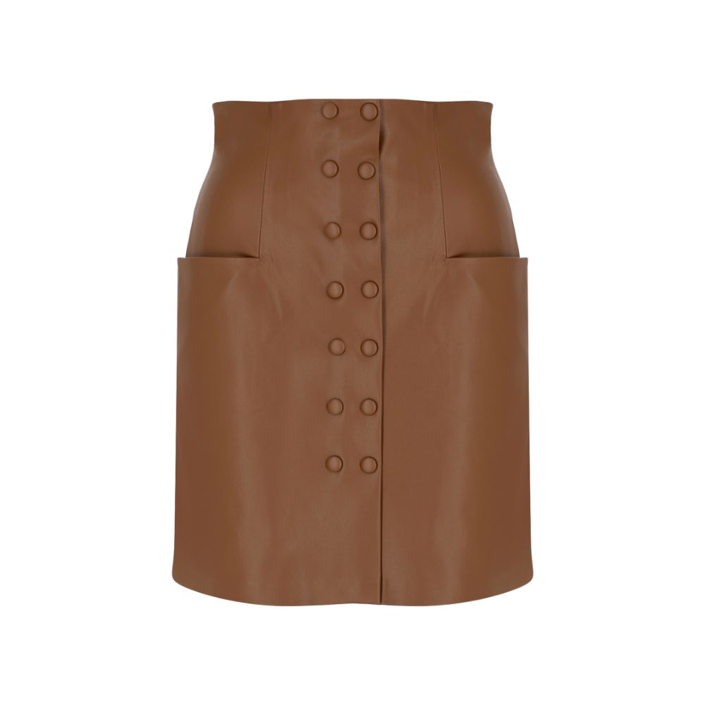 Brown Vegan-Leather Pocket-Detailed Mini Skirt. 100% FAUX-LEATHER POLYESTER.