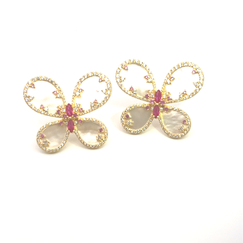 Shop online premium butterfly earrings with mother of pearl, sapphire, ruby and CZ stones.