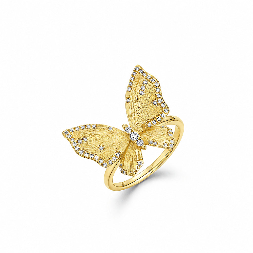 Discover the Butterfly Reverie Gold Vermeil Ring at The Luxe Maison, featuring a graceful butterfly design with a softly brushed gold finish and sparkling zircon accents. Crafted in 18K gold vermeil over S925 sterling silver, this adjustable open ring adds a touch of whimsical elegance to everyday wear and ring-stacking styles.