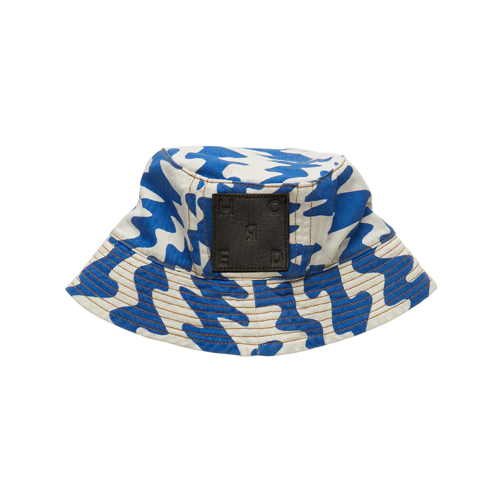 Horde studio's fine cotton denim signature bucket hat in our contrast waves print with delicate saffron topstitching. 