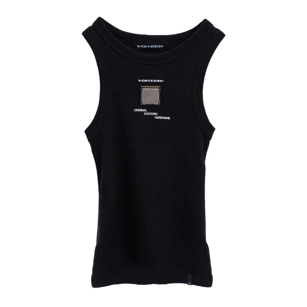 Shop online from our exclusive website and discover the CPU Ribbed Vest by Voitech®, featuring ribbed stretch cotton, embedded CPU hardware detailing, and a futuristic technical streetwear design.