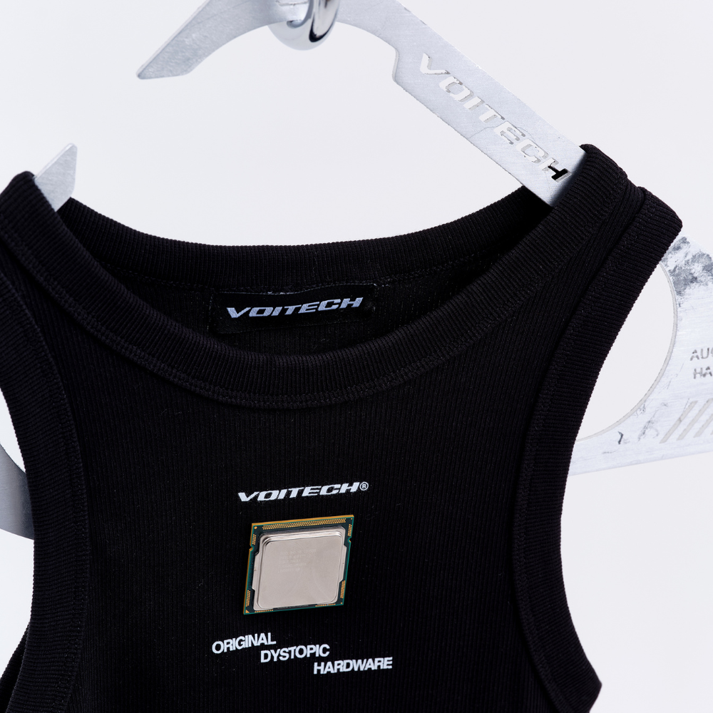 Shop online from our exclusive website and discover the CPU Ribbed Vest by Voitech®, featuring ribbed stretch cotton, embedded CPU hardware detailing, and a futuristic technical streetwear design.