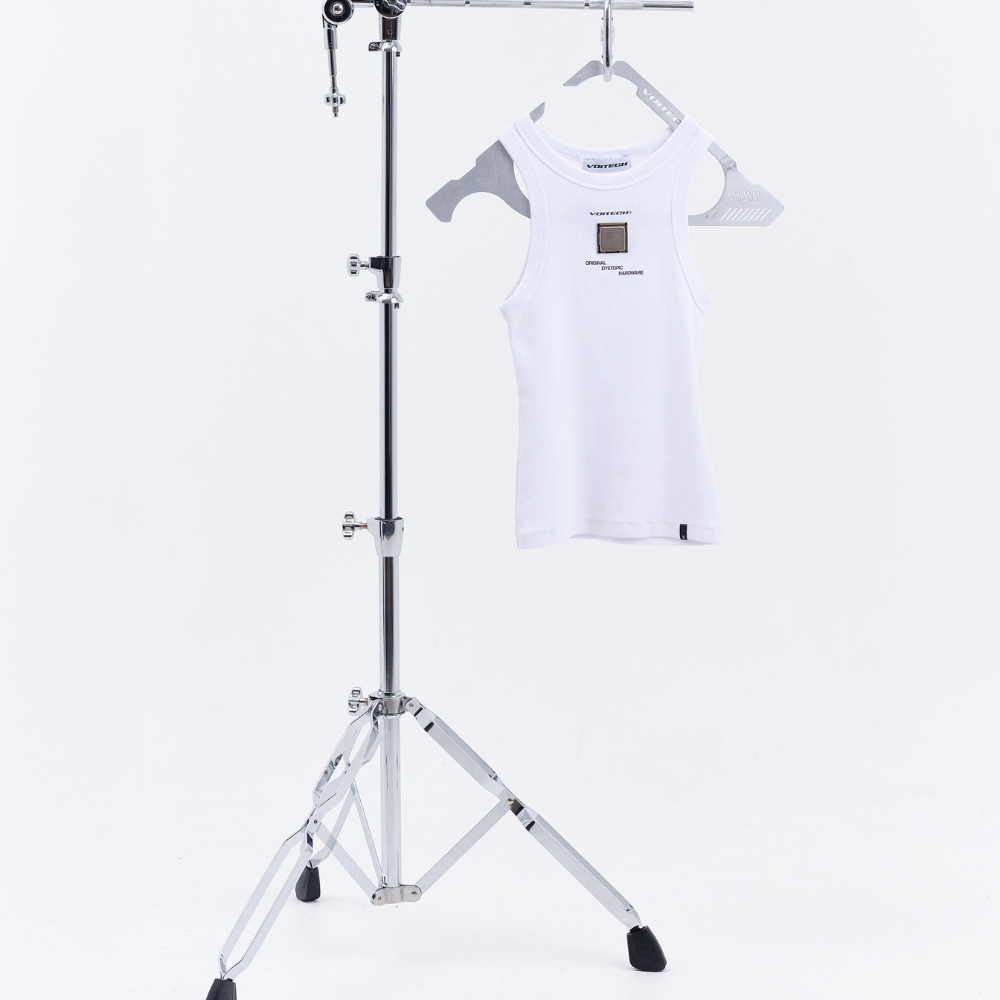 Shop online from our exclusive website and discover the CPU Ribbed Vest by Voitech®, featuring ribbed stretch cotton, embedded CPU hardware detailing, and a futuristic technical streetwear design.