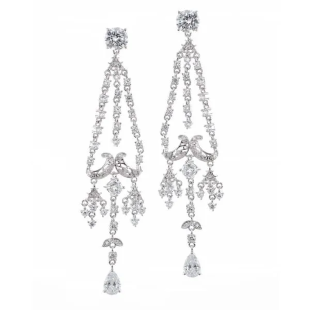 12 CTTW Multi shape cubic zirconia chandelier earrings. Post ear. Set in rhodium plated brass.