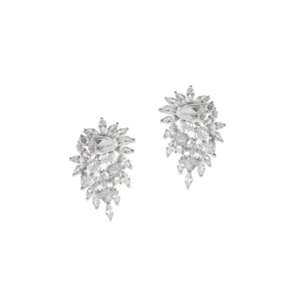 40 CTTW Multi shape Cubic Zirconia cluster earrings. Pierced earring set in rhodium plated brass.