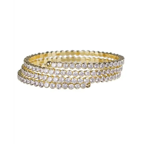 12 Round Cubic Zirconia bezel set coil wrap bracelet. Set in 18K Gold plated brass.