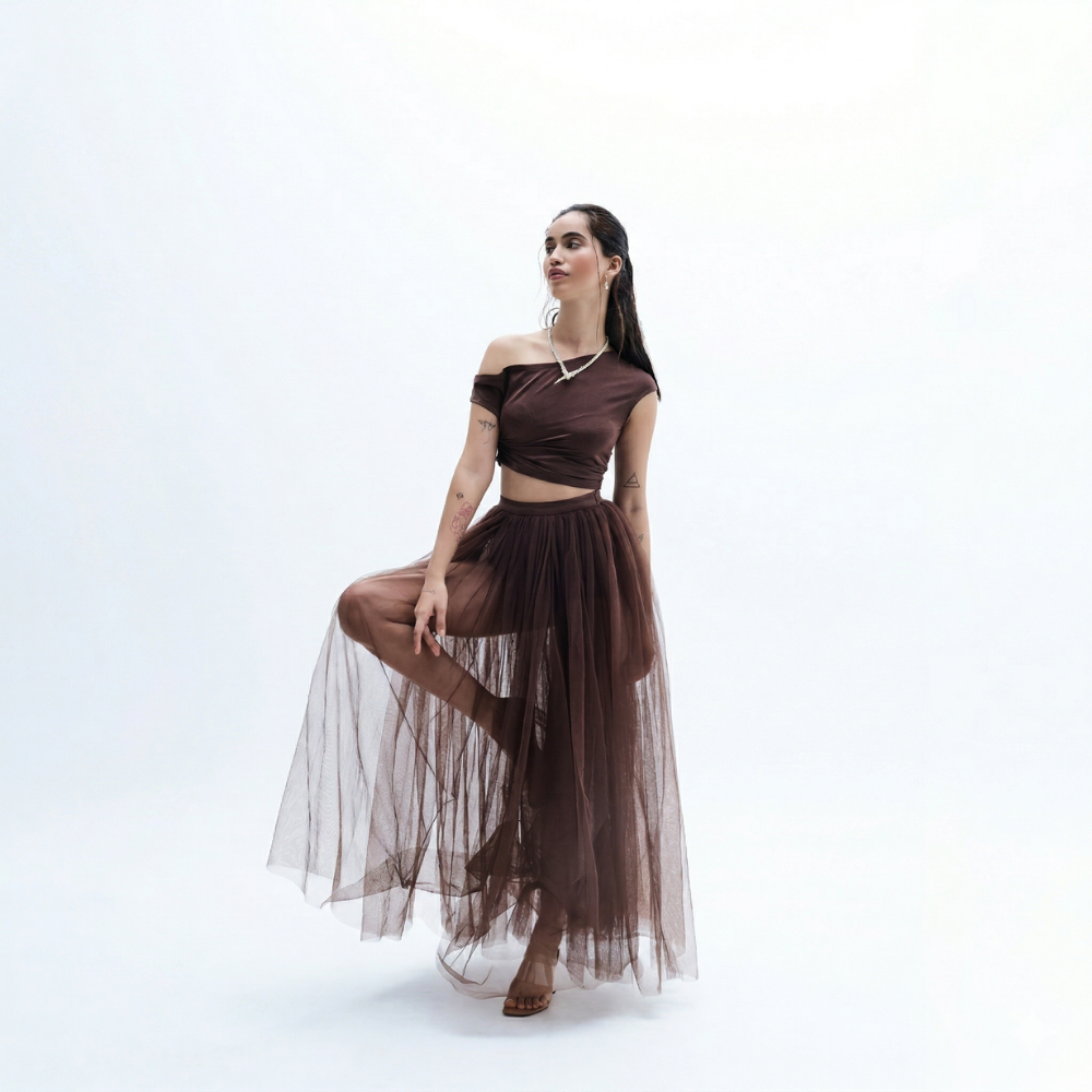 Ruffled net skirt with one shoulder top, perfect for brunch and day outings. Shop online from our exclusive collection of premium styles.