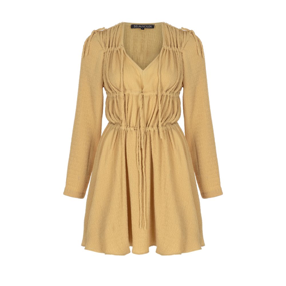 Camel V-Neck Tie-Detailed Mini Dress. 99% POLYESTER /1% EA.