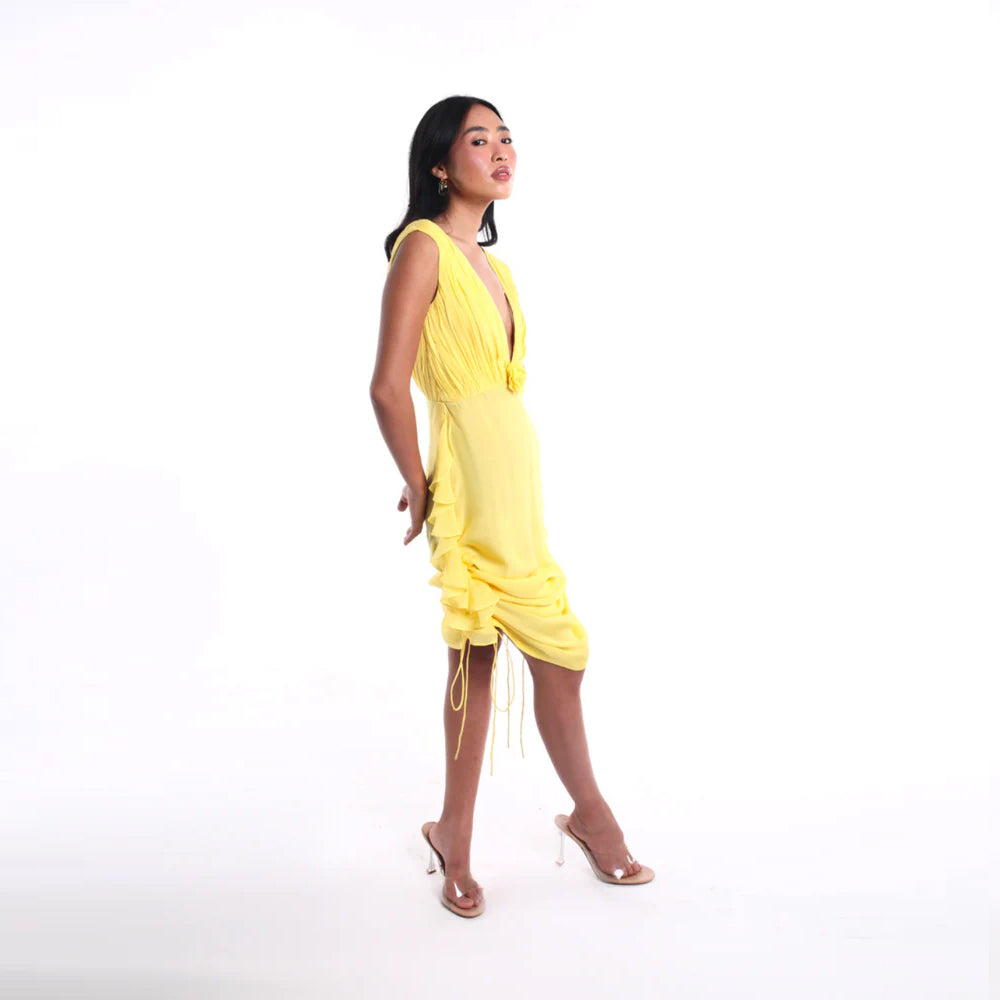 Canary yellow chiffon dress with V neck and pleats, perfect for brunch and events. Shop online from our curated edit of premium fashion.