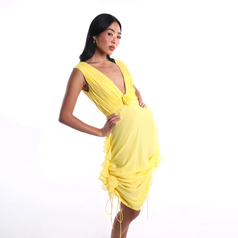 Canary yellow chiffon dress with V neck and pleats, perfect for brunch and events. Shop online from our curated edit of premium fashion.