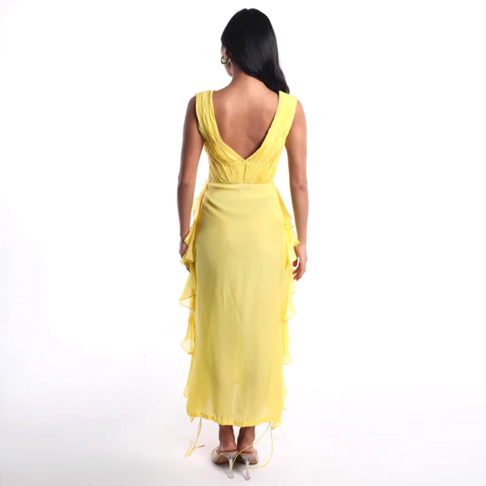 Canary yellow chiffon dress with V neck and pleats, perfect for brunch and events. Shop online from our curated edit of premium fashion.