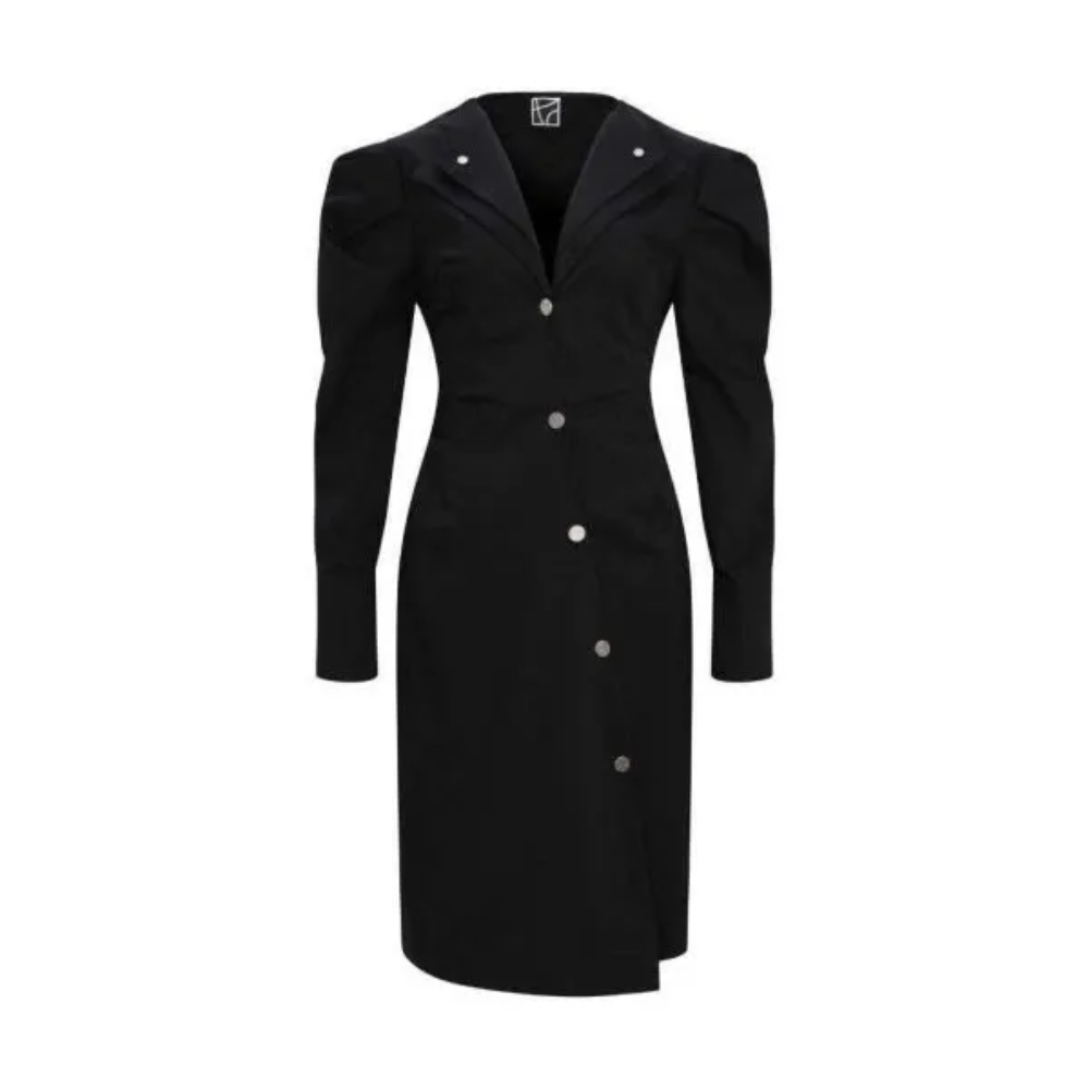 Shirt dress with button along front side, hardware belt on the back, option to leave open.