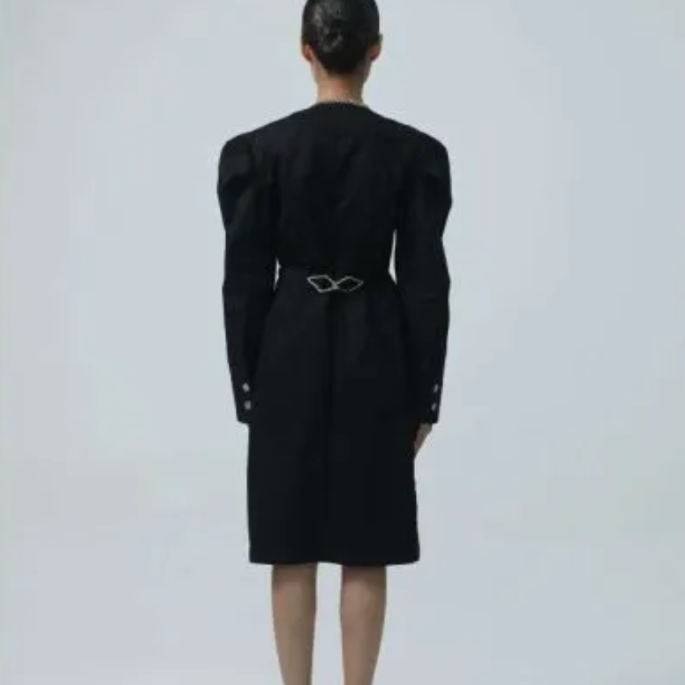 Shirt dress with button along front side, hardware belt on the back, option to leave open.