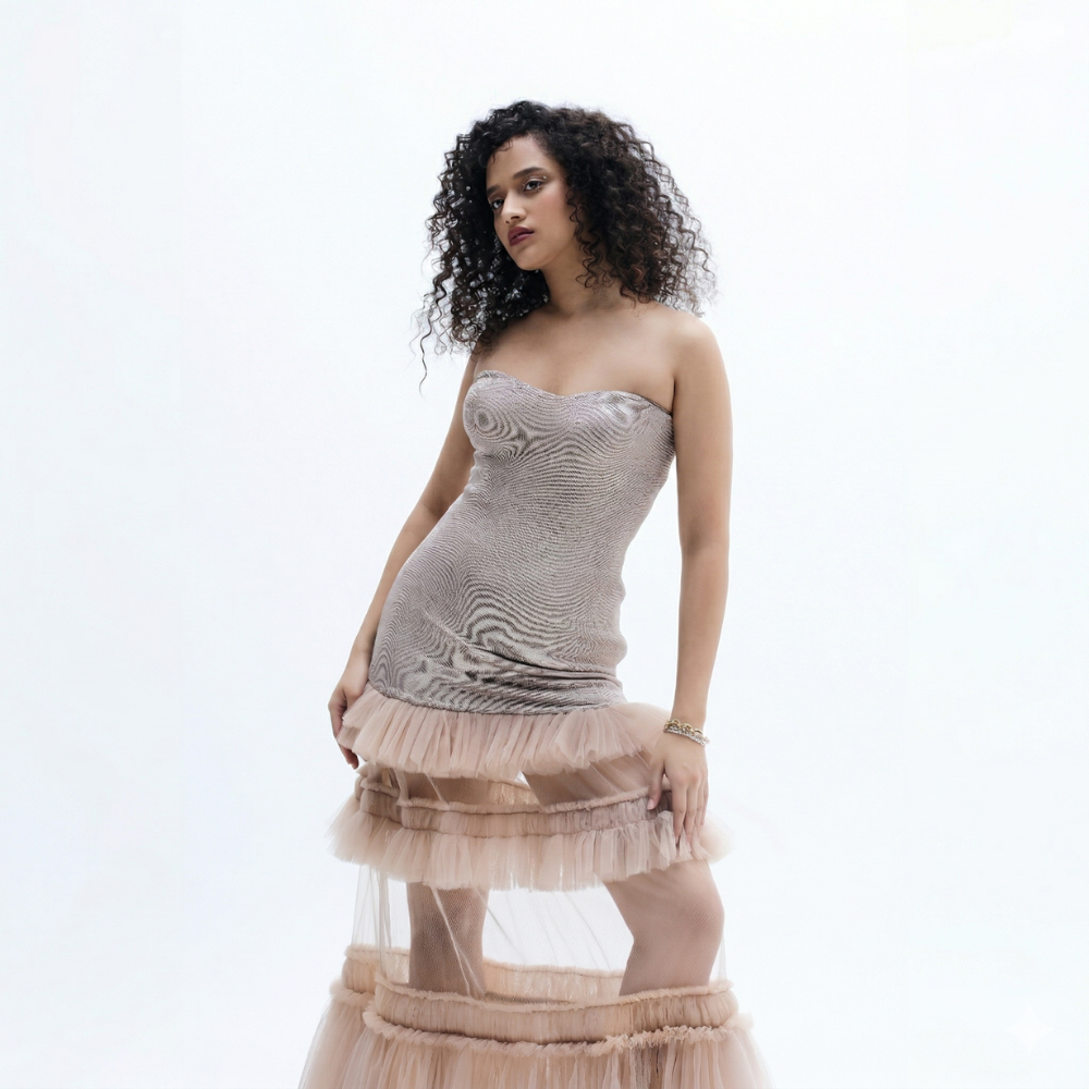 Shimmer tube dress with sheer ruffle detail, perfect for brunch and day outings. Shop online from our exclusive collection of premium styles.