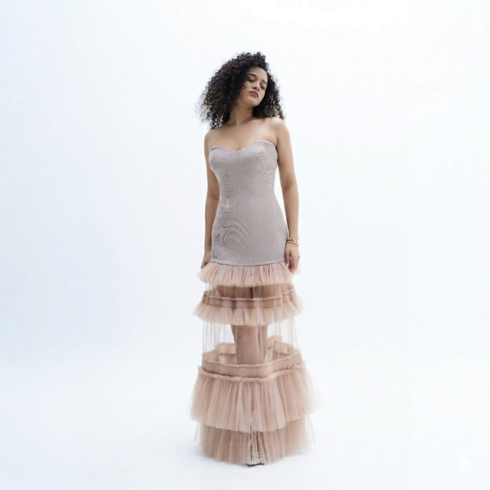 Shimmer tube dress with sheer ruffle detail, perfect for brunch and day outings. Shop online from our exclusive collection of premium styles.