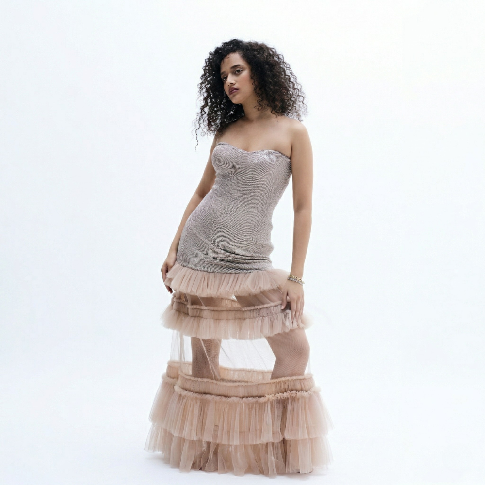 Shimmer tube dress with sheer ruffle detail, perfect for brunch and day outings. Shop online from our exclusive collection of premium styles.