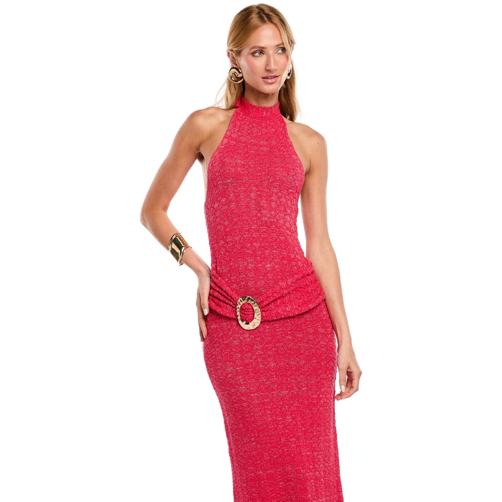 Shop the Ceci Knit Dress at TLM, featuring a halter neckline, fitted silhouette and metal buckle belt. Explore luxury fashion on The Luxe Maison website.