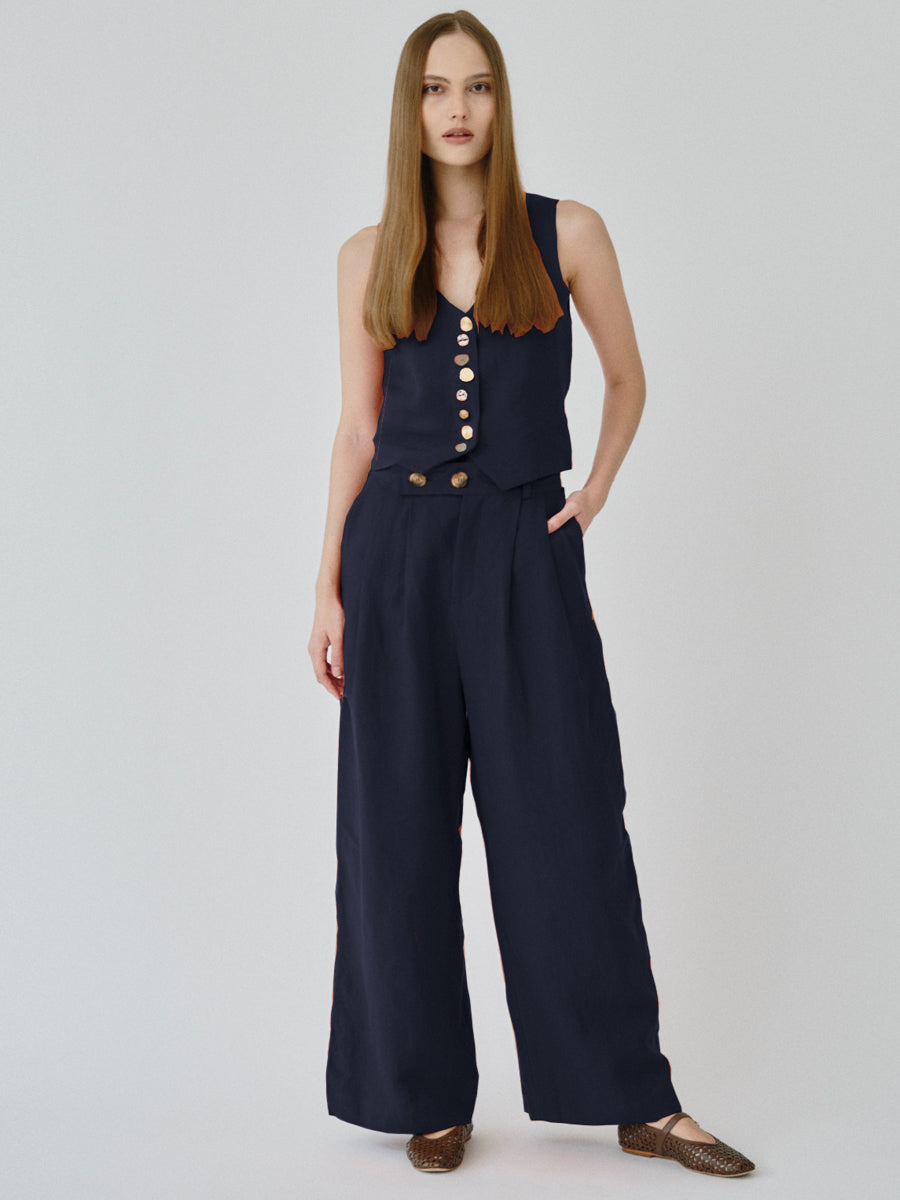 Women's Navy Linen Trousers Co-ord Set | Celeste | Fanfare