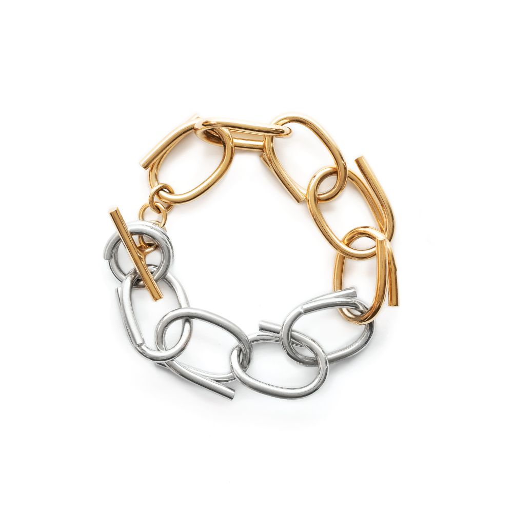 24K Gold and silver tone plated brass chain bracelet.