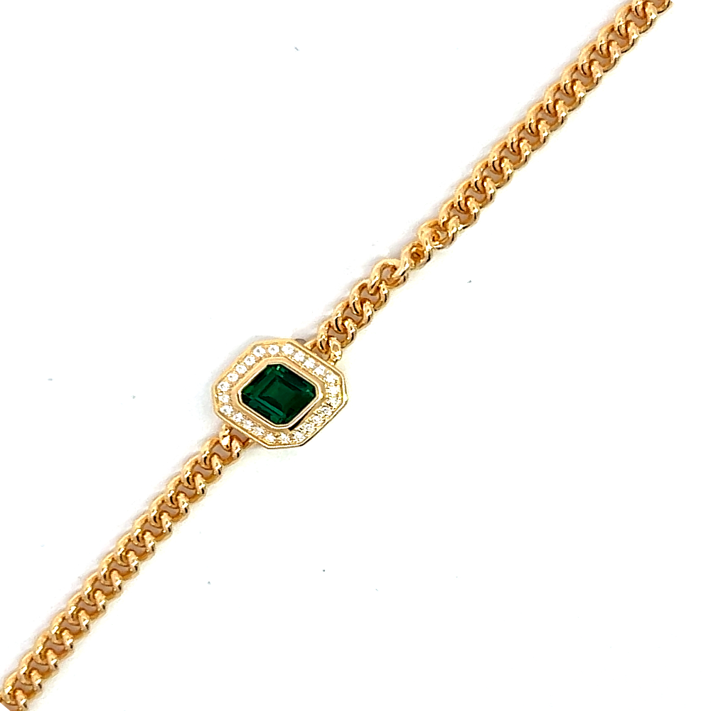 Sterling silver 18k gold-dipped bracelet with a lab-created emerald centerpiece surrounded by sparkling cubic zirconia accents for a refined modern style. Shop premium jewelry online.