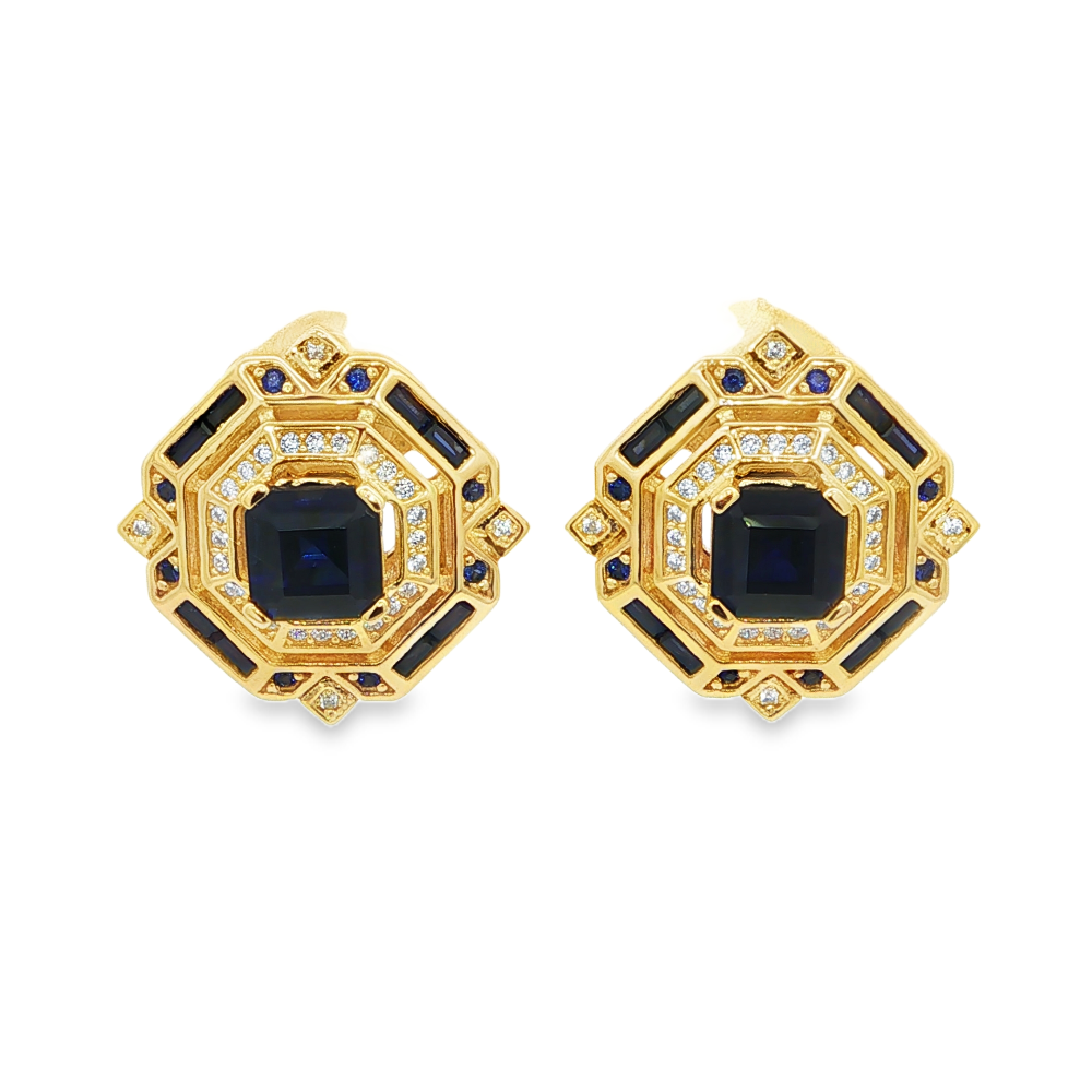 Shop premium 18K gold-dipped sterling silver blue sapphire stud earrings with lab-created blue sapphire and sparkling cubic zirconia stones.