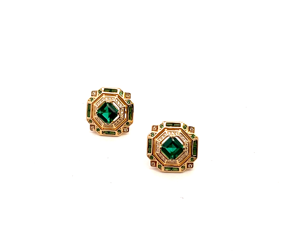 Shop online premium 18K gold emerald stud earrings with sparkling cubic zirconia stones.