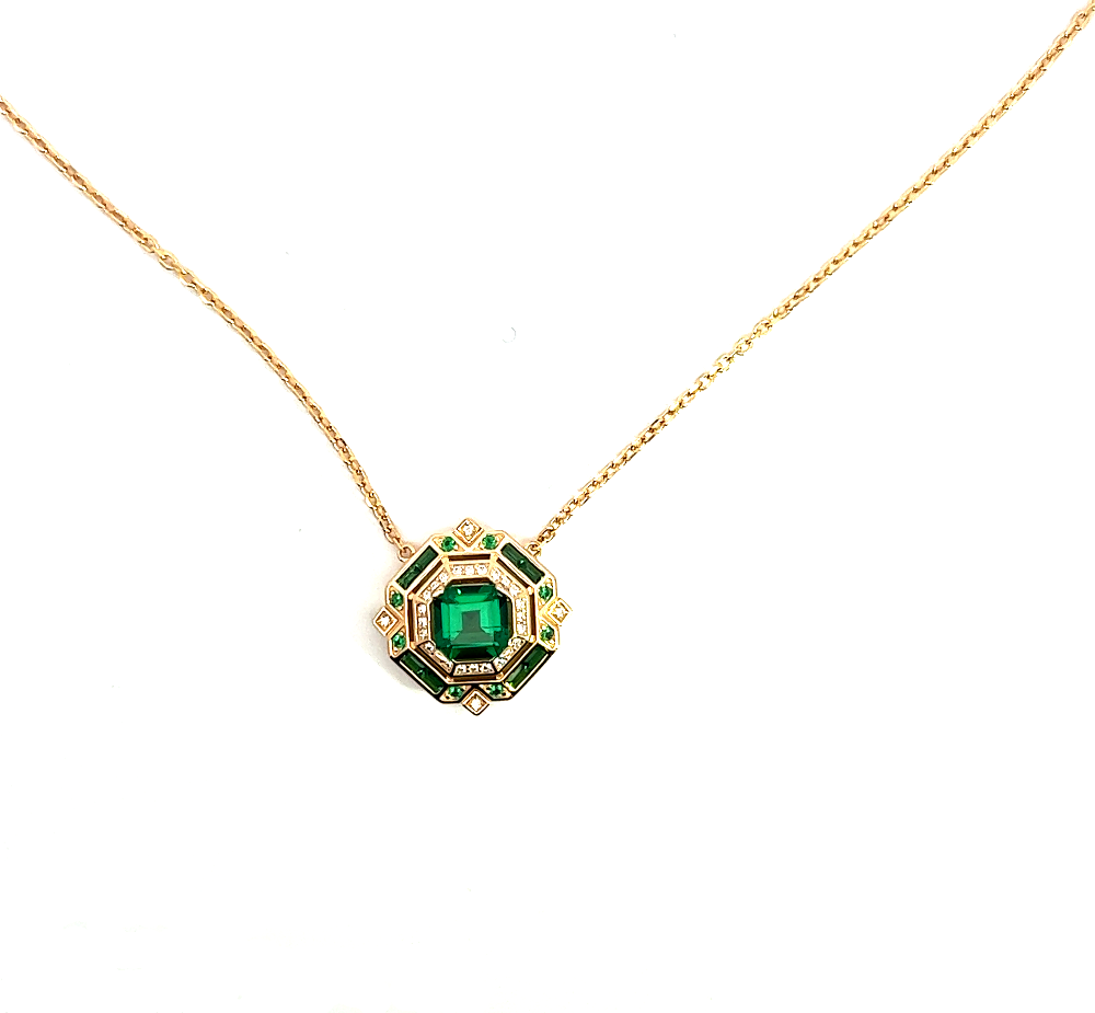Shop online premium 18K gold-dipped emerald necklace with sparkling cubic zirconia stones.