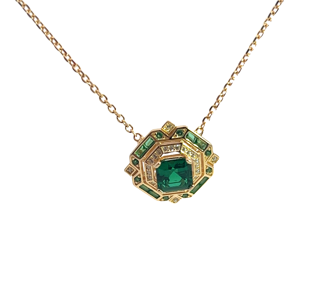Shop online premium 18K gold-dipped emerald necklace with sparkling cubic zirconia stones.