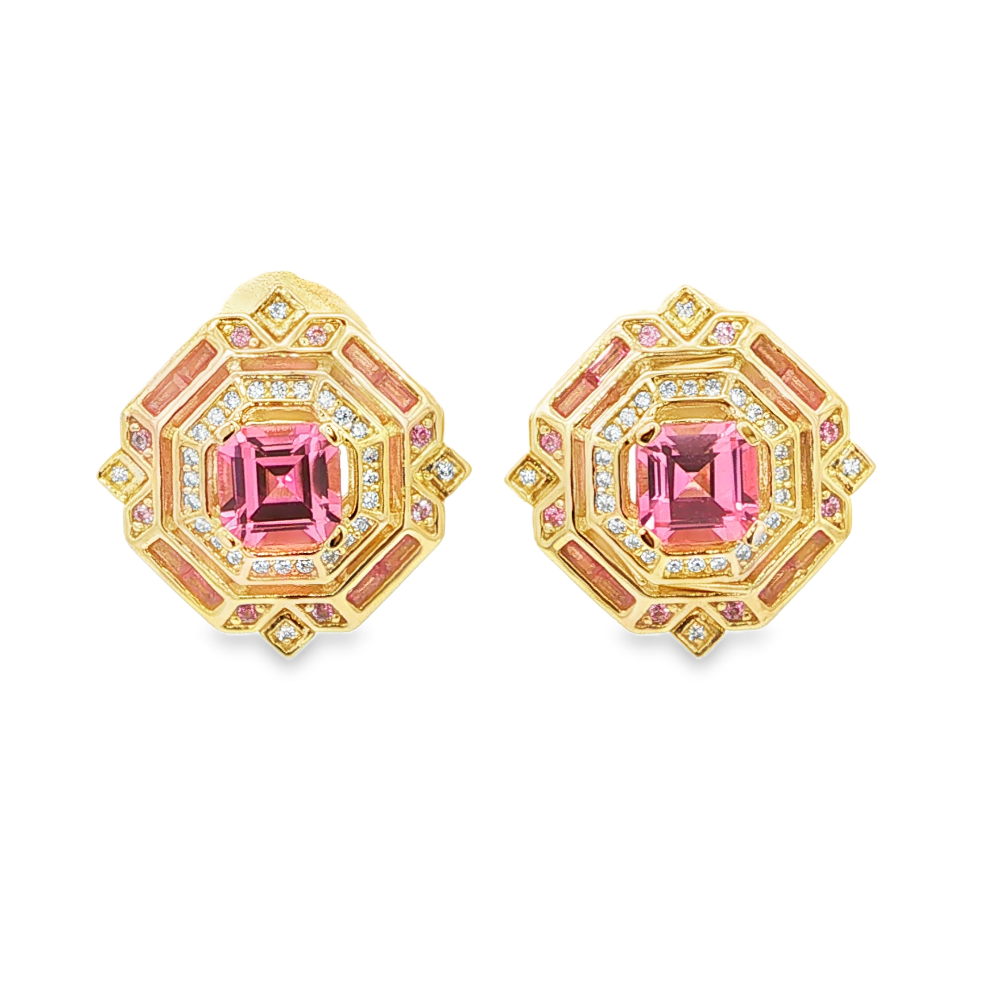 Shop premium 18K gold-dipped sterling silver pink sapphire stud earrings with lab-created pink sapphire and sparkling cubic zirconia stones.