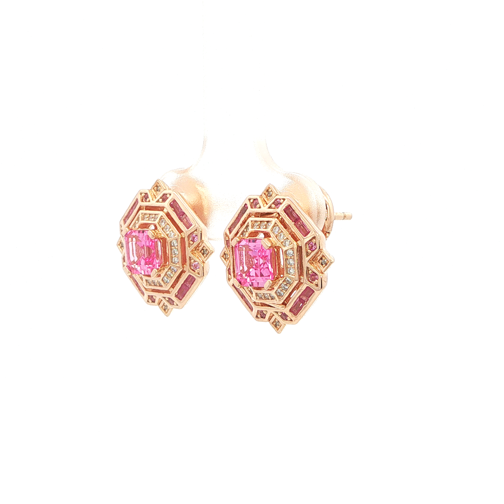 Shop premium 18K gold-dipped sterling silver pink sapphire stud earrings with lab-created pink sapphire and sparkling cubic zirconia stones.
